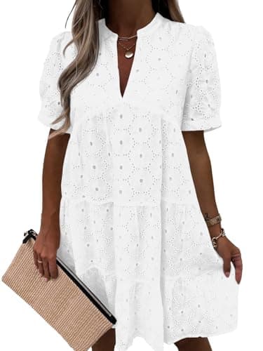 Imily Bela Womens Summer Eyelet Dresses Babydoll Flowy Short Sleeve V Neck Lace Tunic Swing Casual Dress White - Image 1