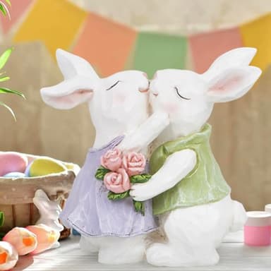 Hodao Easter Bunny Couple Decorations Spring Rabbit Figurines Valentine Day Tabletop Decor for Party Home Holiday Cute Rabbit Easter Day Couple Gifts in White - Image 5