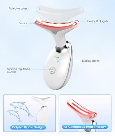 SDKWDH Red-Light-Therapy-for-Face-and-Neck, 7 Color Face Massager Tool for Wrinkles, Double Chin, Vibrating Facial Massager with Thermals for Skin Care, Glossy White - Image 4