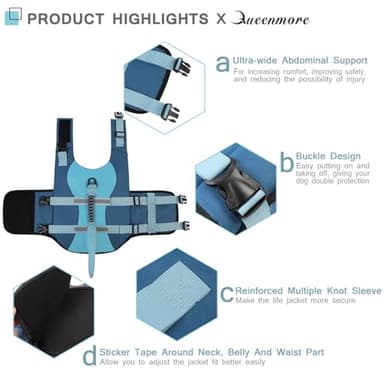 Queenmore Dog Life Jacket High Flotation, Reflective Dog Life Vest for Swimming, Adjustable Dogs Life Preserver Rescue Handle Spring Summer Pool for Small, Medium, Large Dogs (Ocean Blue,L) - Image 4