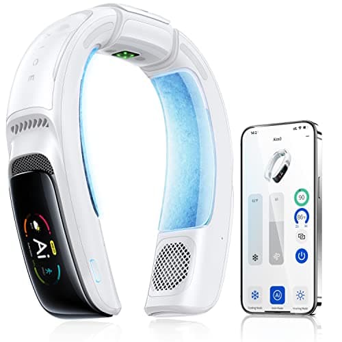RANVOO No.1 AI Cooling A/C AICE 3 AI Neck Air Conditioner 7000mAh 30H [Full-body Cooling] [Health Monitor] Personal Neck Fan Cooler Rechargeable Wearable Music Call Gift [No Stand Version], Ice White - Image 1