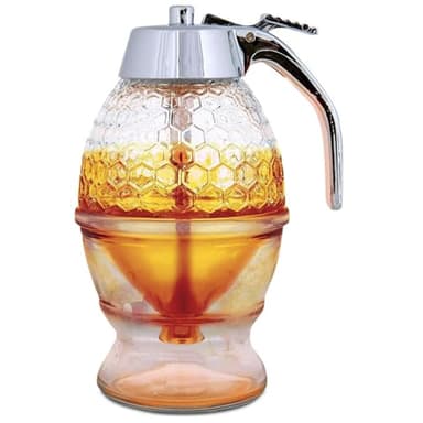 Hunnibi 8oz No Drip Glass Honey Dispenser with Plastic Top - Honeycomb-Style Syrup Server and Bee-Themed Storage Jar with Stand - 6" Clear Container for Honey, Maple Syrup - Image 1