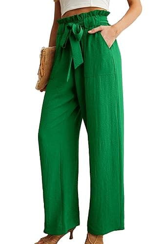 IWOLLENCE Women's Wide Leg Pants with Pockets High Waist Adjustable Knot Loose Casual Trousers Business Work Casual Pants Dark Green XX-Large - Image 2