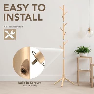 Hupmad Wooden Tree Coat Rack Stand,Sturdy Freestanding Coat Rack with 8 Hooks,3 Adjustable Height for Child Adult,Wood Coat Stand Tree Fits Entryway Bedroom Office for Bags,Hats - Image 4