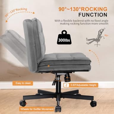 COMHOMA Cross Legged Office Chair with Wheels Armless-Office Desk Chair, Modern Vanity Computer Task Chairs for Home Bedroom, Comfortable Wide Seat for Lower Back Pain Relief, Soft Velvet, Gray - Image 5