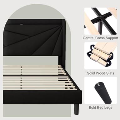 Feonase Queen Size Bed Frame with Charging Station, Linen Upholstered Platform Bed Frame with Wingback Storage Headboard, Solid Wood Slats Support, No Box Spring Needed, Noise Free, Black - Image 7