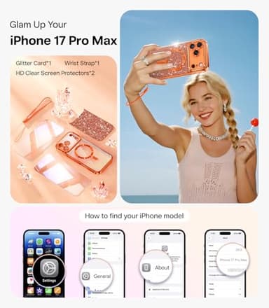 Meifigno Designed for iPhone 17 Pro Max Case 6.9", [Glitter Card & Wrist Strap] [Compatible with MagSafe] [2X HD Screen Protectors] Surround Raised Lens Protection for 17 ProMax Case, Cosmic Orange - Image 2