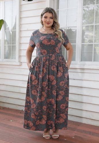 Nemidor Women Short Sleeve Loose Plain Casual Plus Size Long Maxi Dress with Pockets (20,179+Pink Print) - Image 3