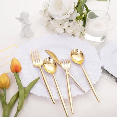 SUT 150PCS Gold Plastic Silverware, Plastic Utensils,Gold Silverware Disposable,Disposable Utensils Heavy Duty,Plastic Cutlery Set,Includes:50 Knives, Forks and Spoons for Party, Birthday,Wedding - Image 4