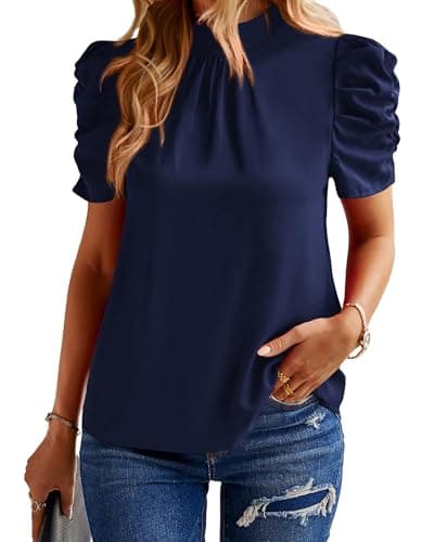 BTFBM Womens Tops Dressy Casual Mock Neck Puff Short Sleeve Shirts Back Tie Business Work Blouses Summer Fall 2025(Solid Navy, Large) - Image 1