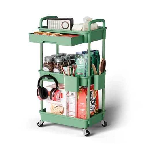 Sorgion 3 Tier Rolling Cart Organizer,Laundry Room Bathroom Organizers and Storage Office Shelves Mobile Shelving Unit Kitchen Trolley Cart with Wheels for Art,Craft,Diaper,Bedside,Snack(Green) - Image 1