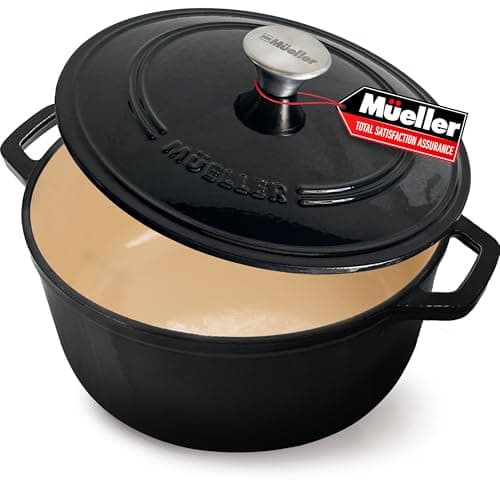 MÜELLERHOME 6 Quart Enameled Cast Iron Pot Dutch Oven, Heavy-Duty Oven-Safe up to 500° F, & Across All Cooktops, Casserole Dishes for Ovens, Bread Pan with Lid and Knob, Cast Iron Cookware, Black - Image 1