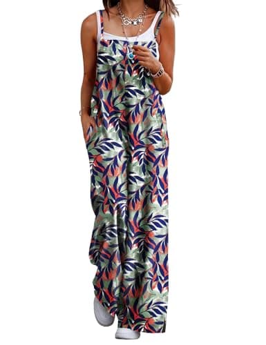 YESNO Women's Summer Boho Casual Jumpsuits Wide Leg Overalls Floral Print Baggy Rompers with Pockets M PZZCR 384O - Image 1