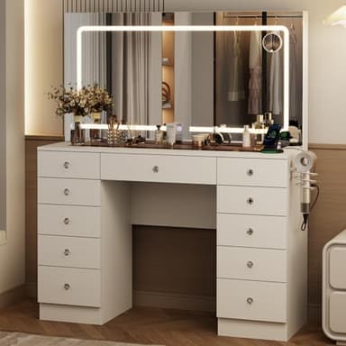 Otterease White Makeup Vanity, 11 Drawers Vanity Mirror with Lights, Makeup Vanity Desk with 3 Lighting Modes Adjustable Brightness, Vanity with Glass Top for Bedroom - Image 7