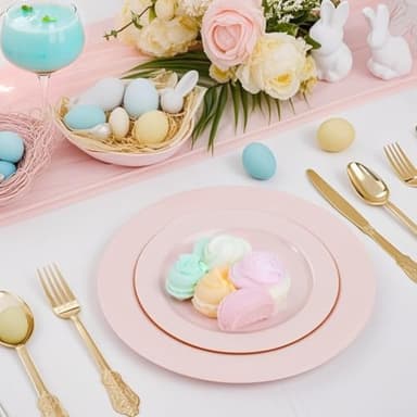 FLOWERCAT 100PCS Pink Plastic Plates - Heavy Duty Pink Party set Disposable serve for 50 guests -10 inch Dinner + 7 inch Dessert/Salad Plates for Easter,Birthday Party,Mother's Day - Image 4