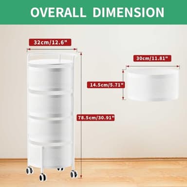 JAQ Rotating Storage Shelves Rack for Kitchen, 4-Tier Multi Layer Removable Basket Shelf Organizer on Rolling Wheels for Fruit Vegetable Grocery Corns Potato Onion (4-Tier, White) - Image 3
