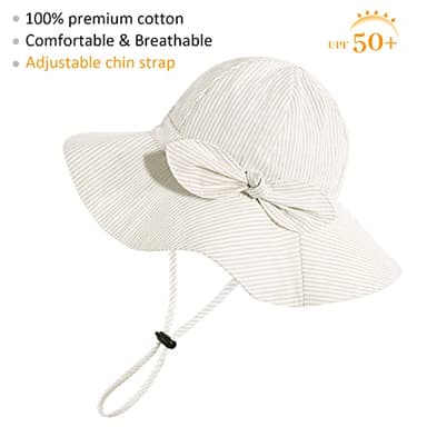 Baby Girl Sun Hat with UPF 50+ Outdoor Adjustable Beach Hat with Wide Brim Bucket Hats (12-24 Months, White Beige Stripe 2pcs) - Image 2