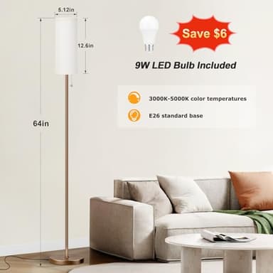 Ambimall Floor Lamp for Living Room with 3 Color Temperatures Bulb, 64" Standing lamp with Linen lampshade for Bedroom, Minimalist Pole Lamp, Dark Beige Shade & Brown Pole - Image 2