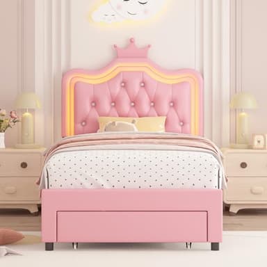 Keyluv Twin Upholstered LED Bed Frame with Storage Drawer, Leather Princess Platform Bed with Adjustable Crystal Button Tufted Crown Headboard, Solid Wooden Slats Support, No Box Spring Needed, Pink - Image 5