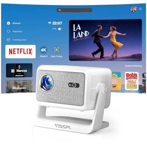 【Netflix Licensed & Auto focus Projector】VISSPL Smart Projector with WiFi and Bluetooth, Auto Focus & Keystone Protable Mini Projector with Stand, 4K Netflix Home Theater Projector