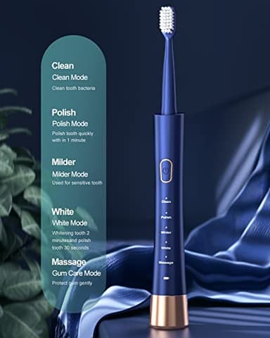 AJELU IPX7 Waterproof Sonicare Electric Toothbrush, 2-Hour Fast Charge with Intelligent Time Reminder, 5 Modes, 8 Brush Heads, Travel, Indoor, Outdoor, Blue - Image 2