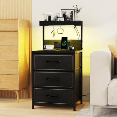 SZLHANJZ LED Nightstand with Charging Station, Night Stand with 3 Drawers and Lights, Storage Side Table with Shelf and Hooks, Tall End Table for Bedside, Bedroom, Modern Black - Image 8