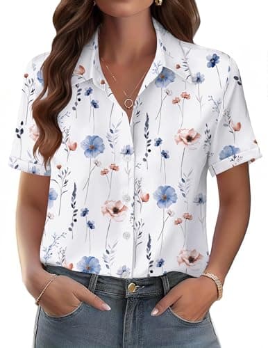 Zeagoo Women's Casual Short Sleeve Floral Tropic Print Summer Blouse Top Hawaiian Button Down Shirts