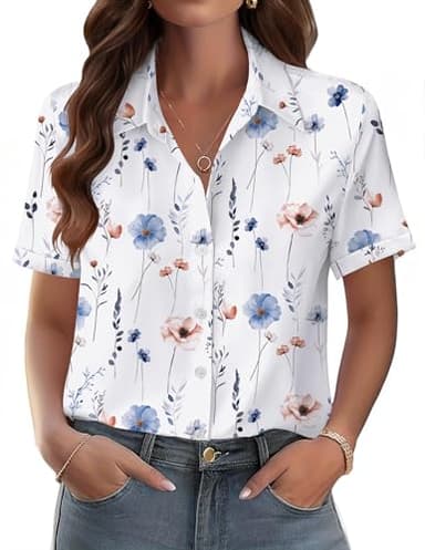 Zeagoo Women's Casual Short Sleeve Floral Tropic Print Summer Blouse Top Hawaiian Button Down Shirts