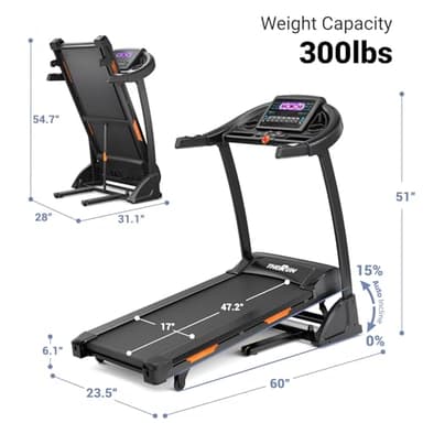 THERUN Incline Treadmill, Treadmills for Running and Walking, 300 lbs Weight Capacity Folding Treadmill with 0-15% Auto Incline, Wide Belt, 3.5 HP, App, Heart Rate, Orange - Image 4