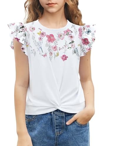 Arshiner Floral Tops for Girls Ruffle Short Sleeve Girls Ruffle Shirt Loose Round Neck Kids Plain T Shirts Flowers - Image 1