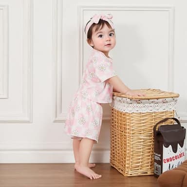 Toddler Girl Clothes Baby Girls Outfits Summer Floral Checkerboard Print Shirt+Shorts+Headband 3pcs Baby Clothing (Pink, 6-12 Months) - Image 7