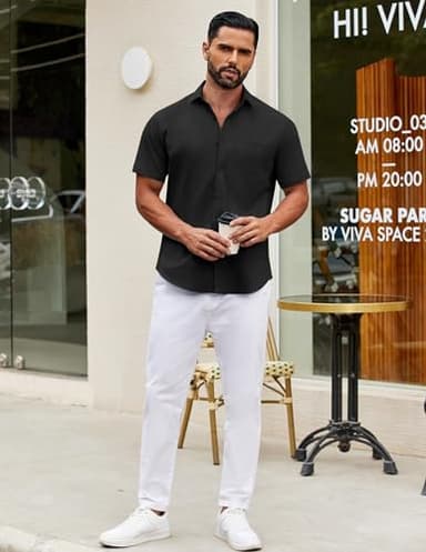 COOFANDY Men's Short Sleeve Dress Shirt Slim Fit Button Down Summer Shirt Black - Image 3