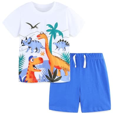 Baby Toddler Boy Clothes Easter Outfits Summer Cotton Short Sleeve Tshirt Tee and Shorts Clothing Set White Dinosaur 2t - Image 1