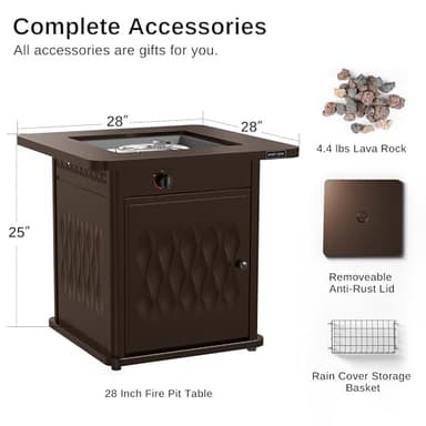 EAST OAK 28'' Propane Fire Pit Table, 50,000 BTU Steel Gas FirePit for Outdoor, Outside Patio Deck and Garden, CSA Certified Fire Table with Magnetic Lid, Cover-Storage Basket and Lava Rock , Brown - Image 9