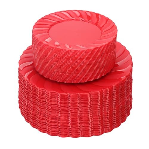 U-QE 100Pcs Red Plastic Plates - Red Scalloped Plastic Plates for Party - Heavy Duty Plastic Plates Disposable Include 50 6 '' Dessert Plates, 50 9 '' Dinner Plates Suite for All Occasions - Image 1