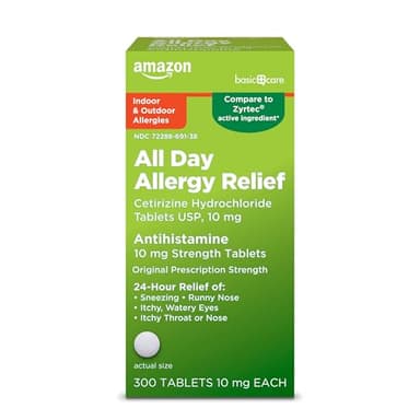 Amazon Basic Care 24 Hour Allergy Relief, Cetirizine Hydrochloride Tablets, 10 mg, 300 Count (Packaging may vary) - Image 1