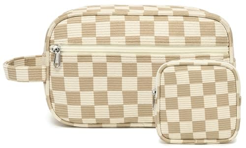 LEDAOU 2Pcs Travel Makeup Bag Cosmetic Bag Small Corduroy Makeup Pouch with Zipper Cute Travel Toiletry Essentials for Women Teen Girls (Brown Checkerboard) - Image 1