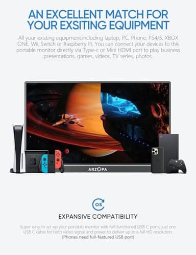 ARZOPA 17.3" Portable Monitor, 1080P FHD 103% sRGB IPS Gaming Monitor Laptop Monitor with Built-in Kickstand HDMI USB C External Screen for PC Mac Phone Xbox PS5 - A1M - Image 6