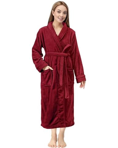 NY Threads Premium Womens Robe Plush Soft Long Bathrobe Warm Fleece Shawl Collar Spa Robe Pack of 1, Large, Burgundy - Image 1