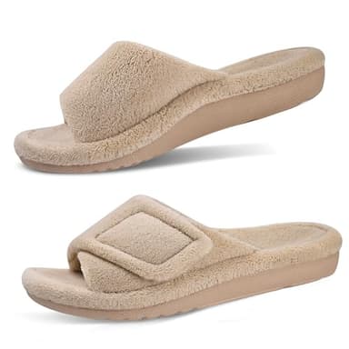 GRITHEIM Women's Orthotic Arch Support Slippers Fuzzy Adjustable Orthopedic Slippers for Plantar Fasciitis Furry Slide for Ladies (Brown,10) - Image 1