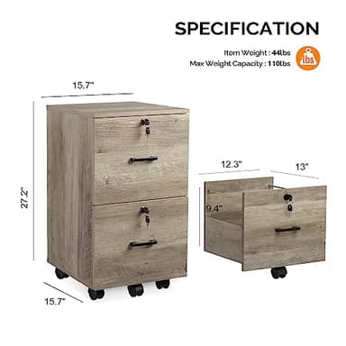 VINGLI 2 Drawer File Cabinet with Lock, Wood Rustic Gray Filing Cabinet for Letter Size File Folders with Tabs, Under Desk Rolling File Cabinets for Home Office, Mobile File Organization Printer Stand - Image 3