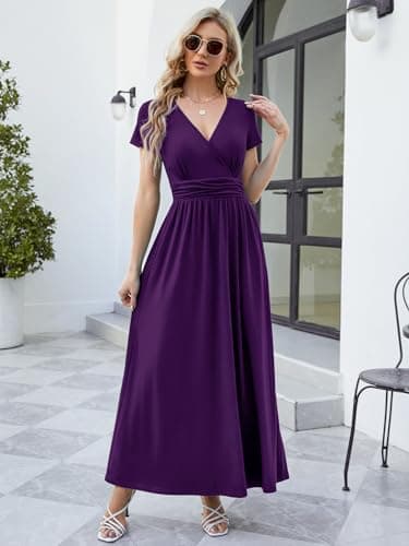 ANRILITA Maxi Dress for Women Wrap V Neck Short Sleeve Empire Pleated Waist Summer Casual Elegant Long Dresses with Pockets Purple - Image 2