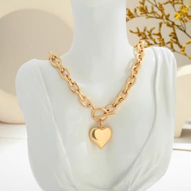 CLASSYZINT Gold Chunky Puffy Heart Pendant Necklaces for Women, Big Heart Chain Link Necklace Toggle Clasp Heart Charm Necklaces - Image 6