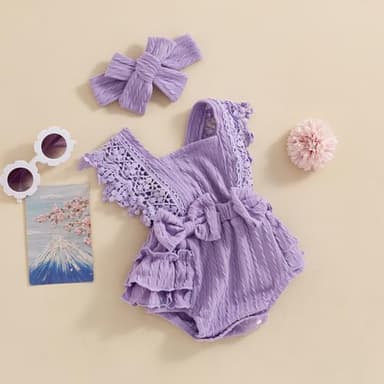 Douhoow Infant Baby Girl Plaid Romper Baby Short Sleeve Pleated Romper Bodysuit Summer Spring Outfits (Purple A, 12-18 Months) - Image 2