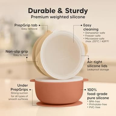 KeaBabies 2-Pack Baby Bowls with Suctions, Lids - Silicone Toddler Suction Bowls for Baby Boy, Girl, Kids, Food Grade Silicone, BPA-Free, Dishwasher Safe, Toddler Eating Essentials (Terracotta) - Image 2