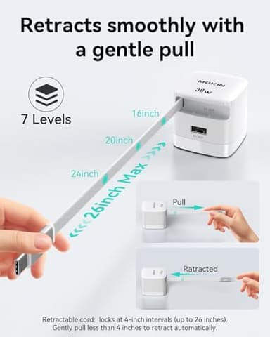 USB-C Charger Block, 30W GaN 2 Port Fast Charging w/Built-in Retractable C Cable & Foldable Plug, PD/PPS for iPhone 16Pro Max/16/Pixel 9 pro/Galaxy/iPad/MacBook,Compact Travel Charger - Image 6