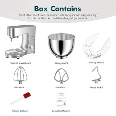 COOKLEE Stand Mixer, 9.5 Qt. 660W 10-Speed Electric Kitchen Mixer with Dishwasher-Safe Dough Hooks, Flat Beaters, Wire Whip & Pouring Shield Attachments for Most Home Cooks, Silver - Image 8