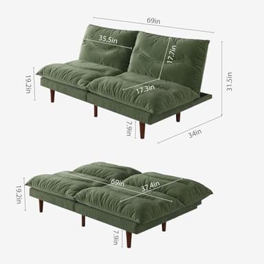 DreamDashio Futon Sofa Bed, 69 inch Futon Couch with Adjustable Backrest, Corduroy Convertible Sleeper Sofa Bed, Folding Sleeper Recliner for Apartment, Living Room, Office, Green - Image 2
