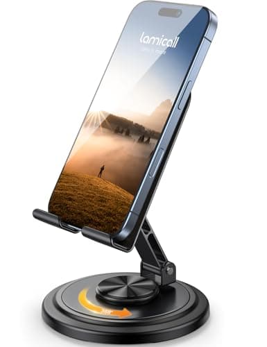 Lamicall Cell Phone Stand for Desk - [360° Rotation] Sturdy Adjustable Desktop Phone Holder, Foldable Mobile Stand, Office Desk Accessories for iPhone 17 16 15 14 Pro Max Air, Galaxy S25, Cellphones - Image 1