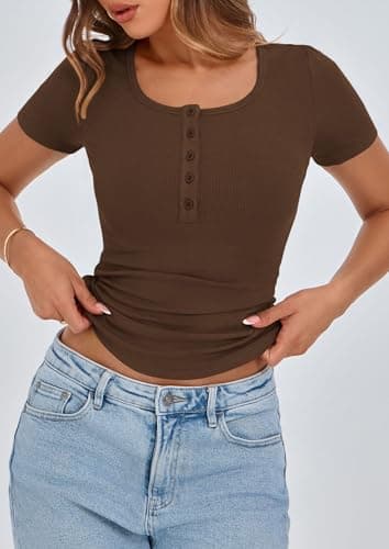 PRETTYGARDEN Women's 2025 Spring Summer Short Sleeve Tops Ribbed Henley Button Slim Fit Basic Casual T Shirts Blouse Clothing (Coffee,X-Large) - Image 5